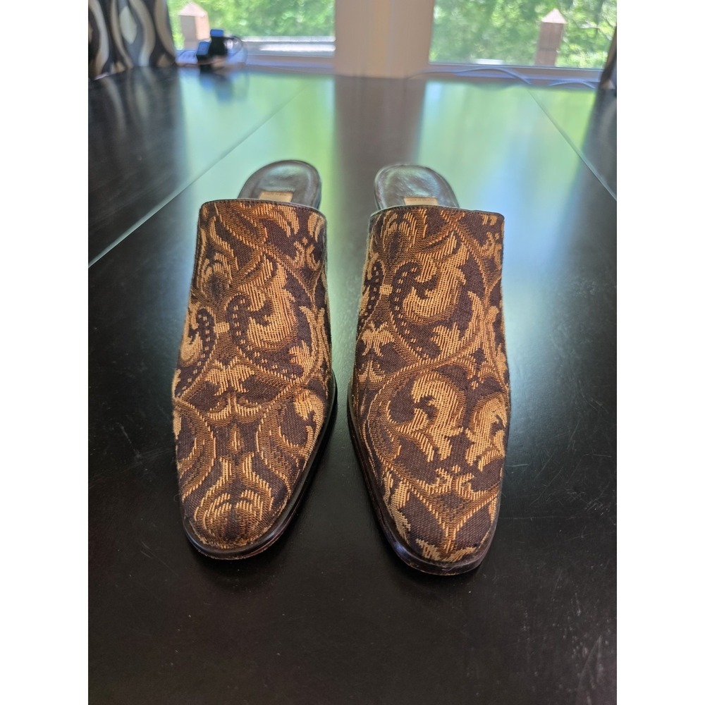 Vintage Matisse Tapestry Mules Gold Brown Brocade Heels Made in Brazil Size 7.5M